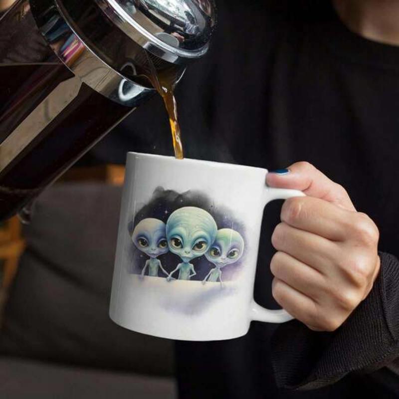 Tailorly White Ceramic 11 oz Mug - Three Small Cute Cartoon Extraterrestrials With Large Glowing Eyes Standing Together Alien