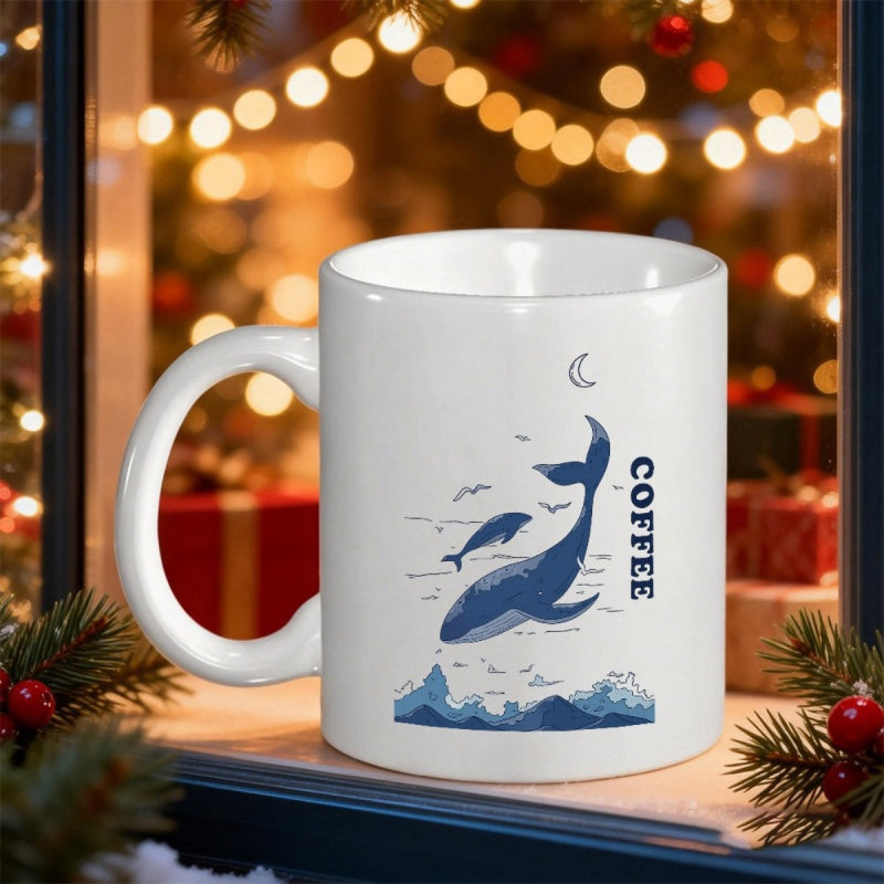 Tailorly White Ceramic 11 oz Mug - Coffee Majestic Blue Whales Leaping Over Ocean Waves Under A Crescent Moon Whale