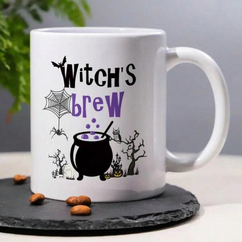 Tailorly White Ceramic 11 oz Mug - Witchs Brew Bubbling Cauldron Surrounded By Spider Webs Dead Trees And Flying Bat Cauldron