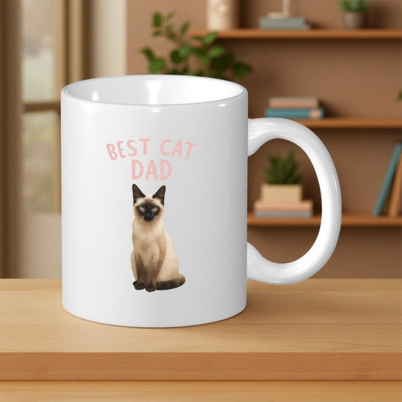 Tailorly White Ceramic 11 oz Mug - Best Cat Dad Realistic Siamese With Distinctive Dark Facial Points Sitting Calmly On Background Cat