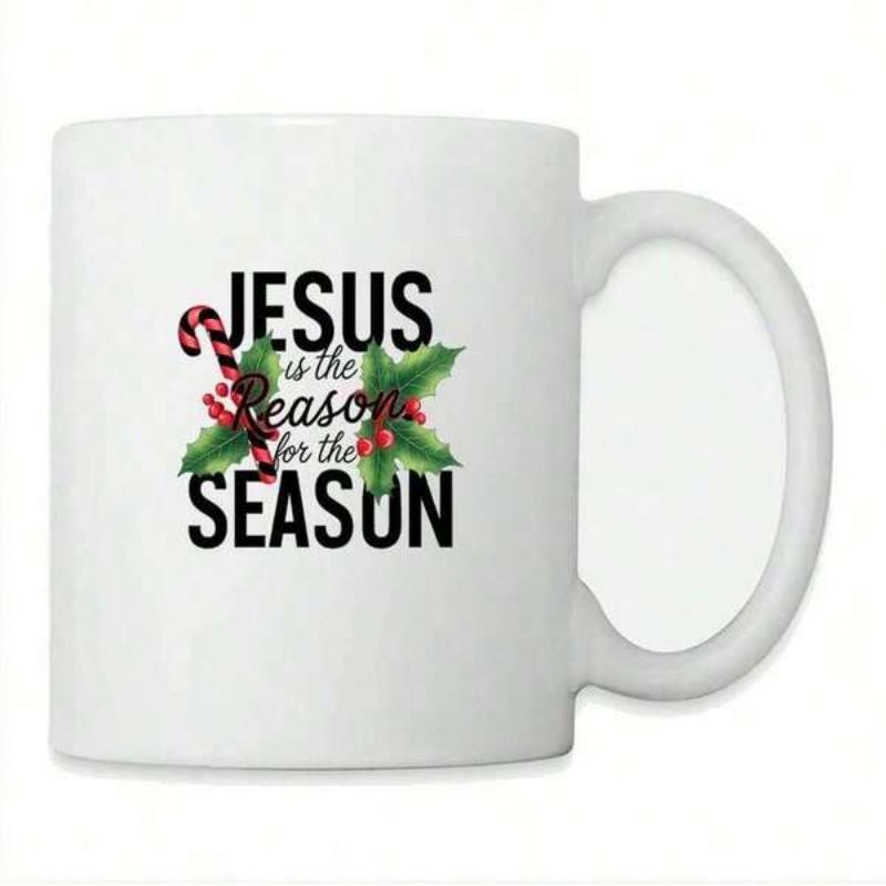 Tailorly White Ceramic 11 oz Mug - Jesus Is The Reason For The Season Traditional Christmas Holly Leaves With Red Berries And Striped Candy Cane Mug
