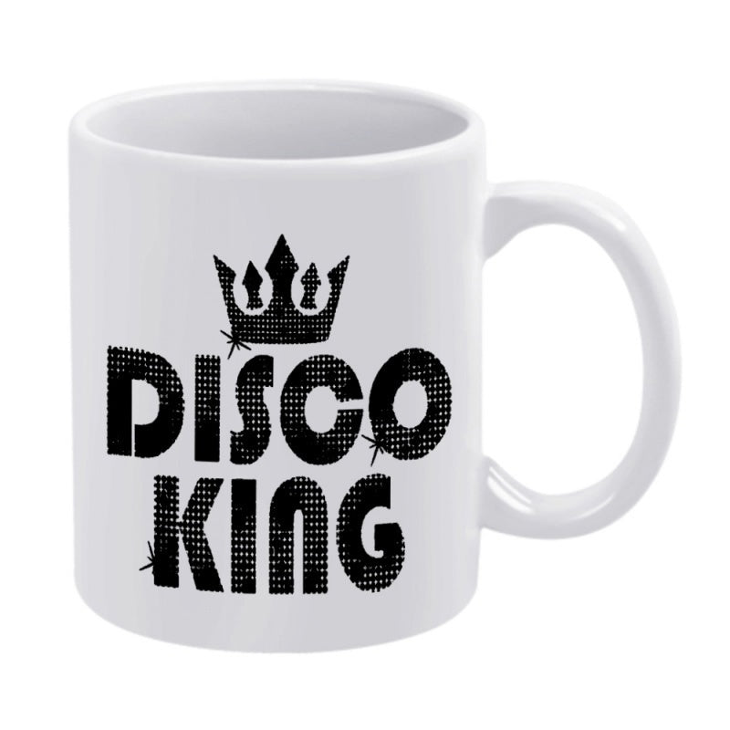 Tailorly White Ceramic 11 oz Mug - Disco King Vintage Distressed Style Graphic Above Bold Black Textured Grunge Lettering Crown