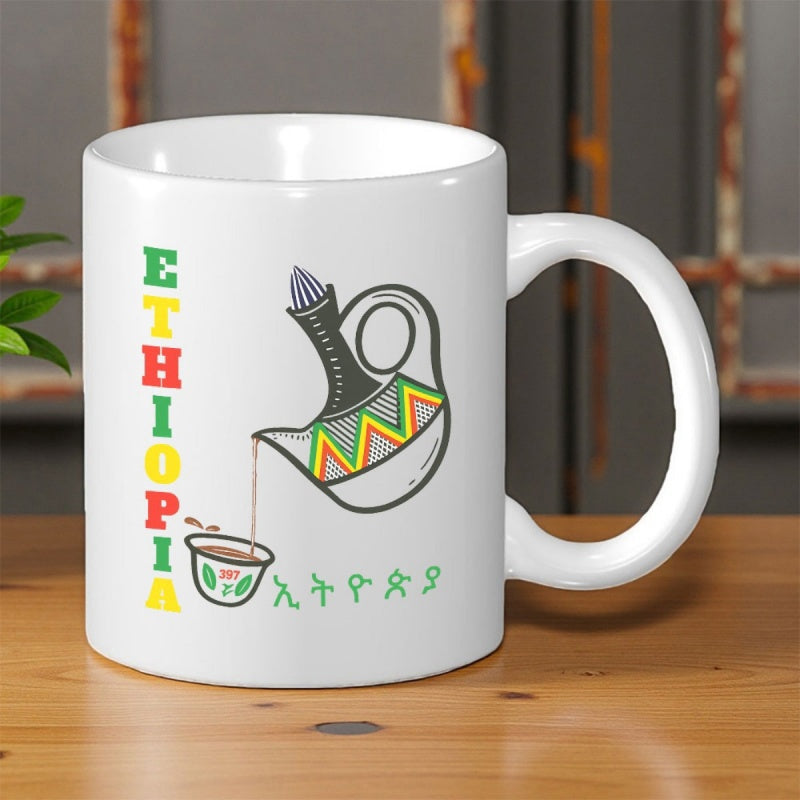 Tailorly White Ceramic 11 oz Mug - Ethiopia Traditional Clay Pot Pouring Coffee Into Small Ceramic Cup Jebena