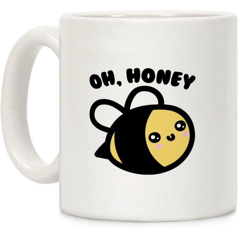 Tailorly White Ceramic 11 oz Mug - Oh Honey Cheerful Minimalist Round Yellow And Black Striped Smiling Insect Bee
