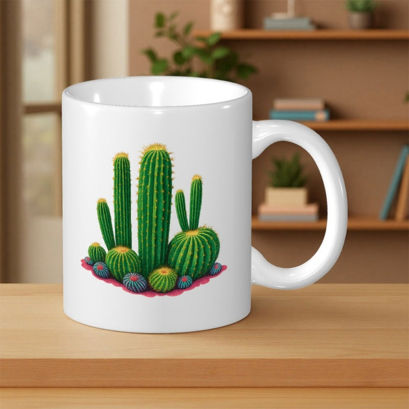 Tailorly White Ceramic 11 oz Mug - Vibrant Green Succulent Plants Nestled Among Small Decorative Rocks Desert Cactus