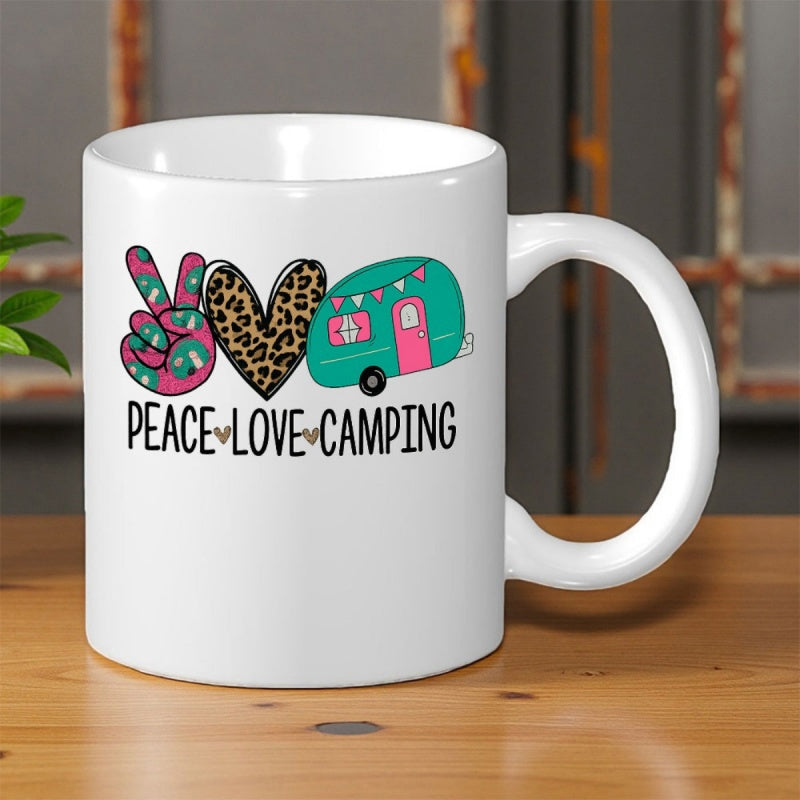 Tailorly White Ceramic 11 oz Mug - Peace Love Camping Retro Style With Leopard Print Heart And Colorful Peace Sign Trailer