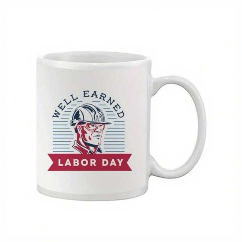 Tailorly White Ceramic 11 oz Mug - Well Earned Labor Day Hard Hat Laborer Wearing Safety Glasses Among Horizontal Decorative Background Lines Worker