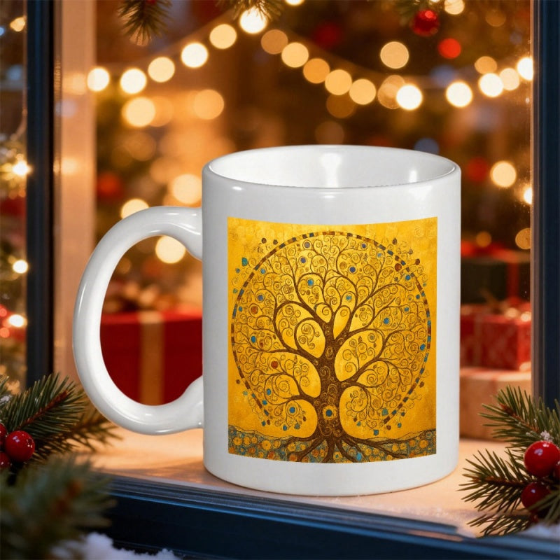 Tailorly White Ceramic 11 oz Mug - Intricate Swirling Golden Branches With Decorative Circular Patterns Forming A Majestic Tree