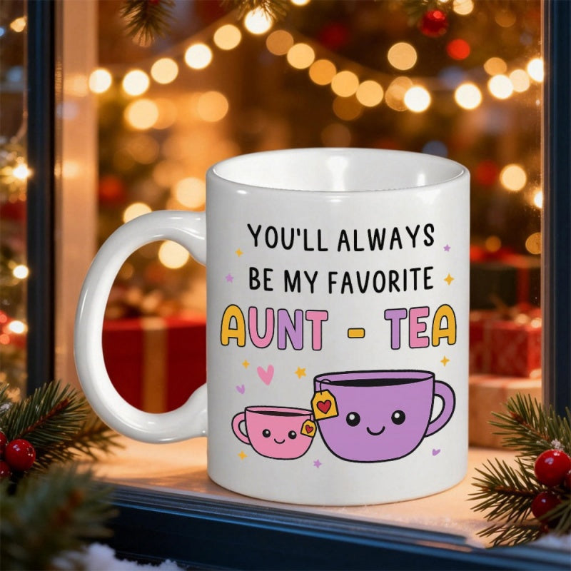 Tailorly White Ceramic 11 oz Mug - Youll Always Be My Favorite Aunt Tea Two Cute Smiling Cartoon Cups With Tiny Hearts Teacup