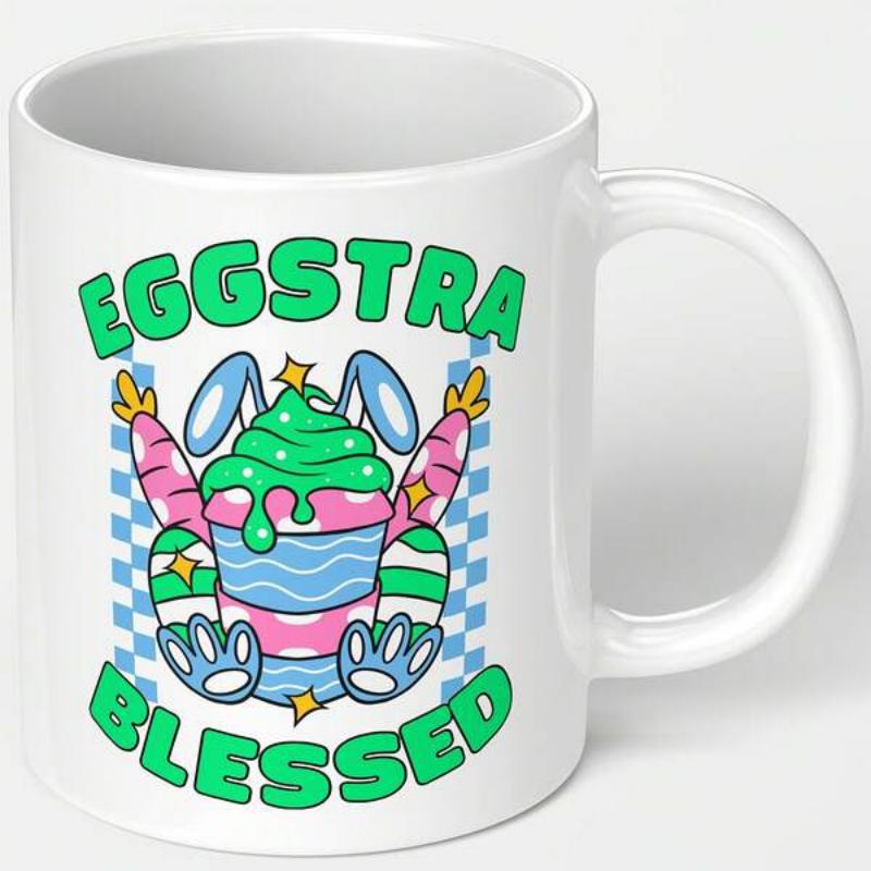 Tailorly White Ceramic 11 oz Mug - Eggstra Blessed Vibrant Festive Treat With Bunny Ears And Carrots Among Colorful Eggs Cupcake