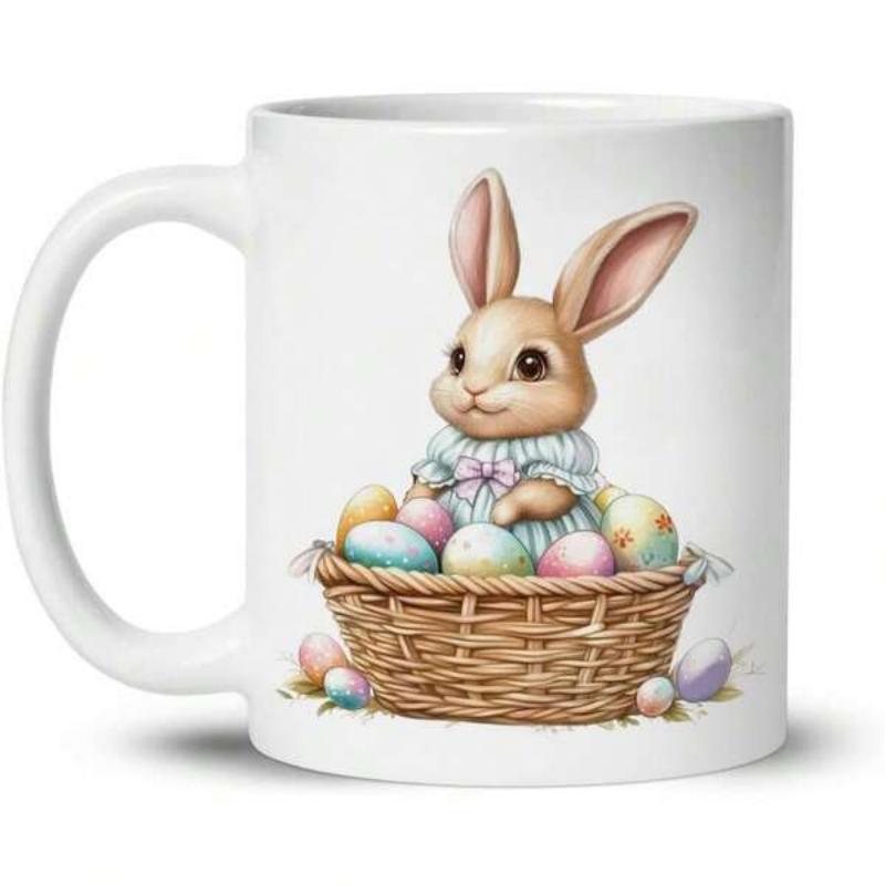 Tailorly White Ceramic 11 oz Mug - Adorable Fluffy Small Animal Sitting Inside Woven Basket With Colorful Eggs Rabbit