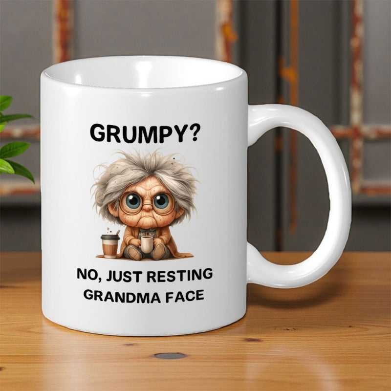 Tailorly White Ceramic 11 oz Mug - Grumpy No Just Resting Grandma Face Elderly Cartoon Woman With Messy Hair Holding Small Coffee Cup Grandma