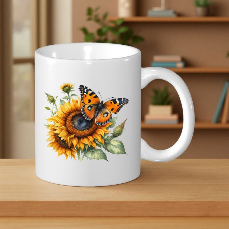 Tailorly White Ceramic 11 oz Mug - Vibrant Golden Sunflower With Detailed Wings Resting Among Green Leaves Butterfly
