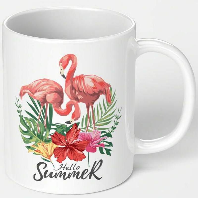 Tailorly White Ceramic 11 oz Mug - Hello Summer Graceful Pink Birds Standing Among Vibrant Tropical Leaves And Flowers Flamingo