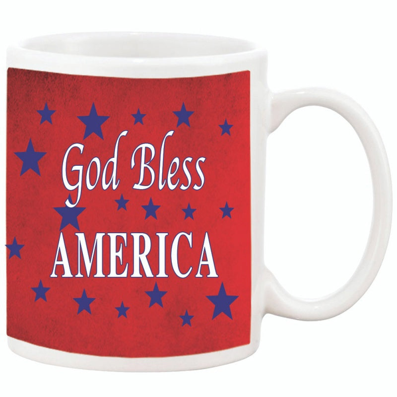 Tailorly White Ceramic 11 oz Mug - God Bless America Patriotic Blue Stars Scattered Over A Textured Red Background Sign