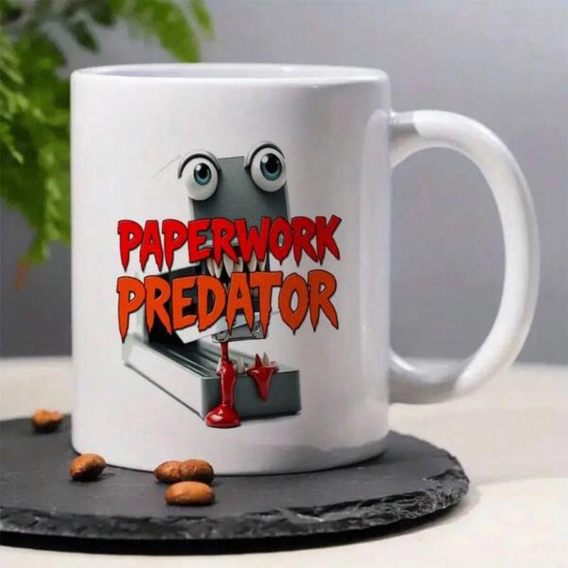 Tailorly White Ceramic 11 oz Mug - Paperwork Predator Ferocious Office Supply Monster With Sharp Teeth And Large Eyes Stapler