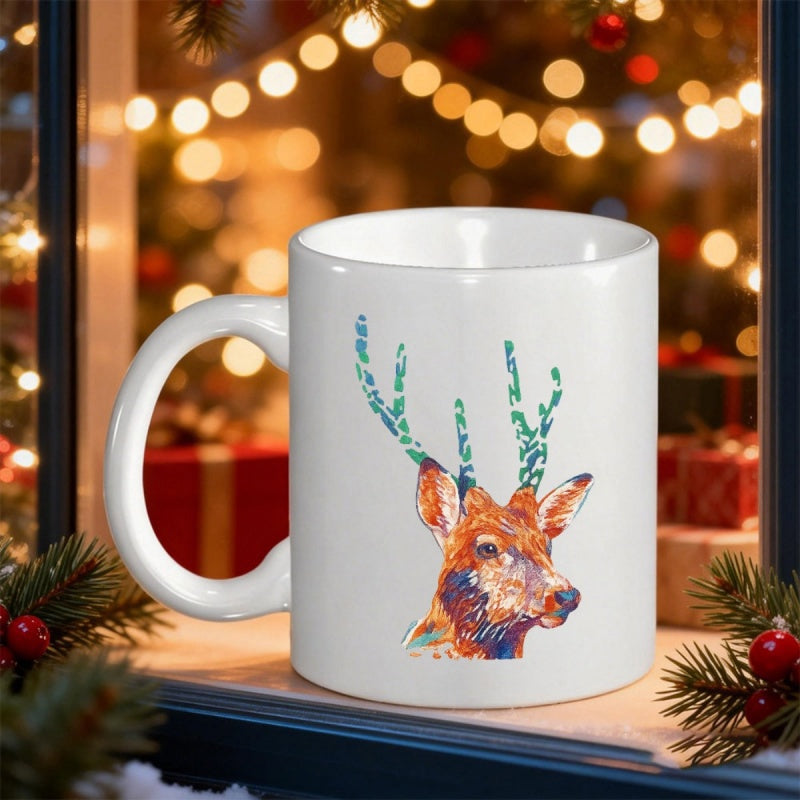 Tailorly White Ceramic 11 oz Mug - Artistic Watercolor Reindeer Head With Colorful Patterns And Green Foliage Antlers Deer