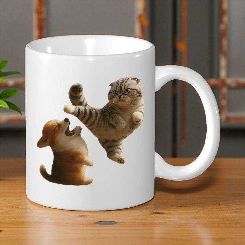 Tailorly White Ceramic 11 oz Mug - Dynamic Martial Arts Tabby Cat Kicking Small Surprised Brown Puppy Cat