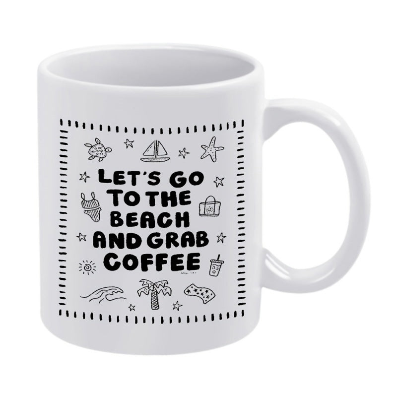 Tailorly White Ceramic 11 oz Mug - Lets Go To The Beach And Grab Coffee Hand Drawn Marine Icons With Playful Tropical Elements And Summer Themed Beach Art