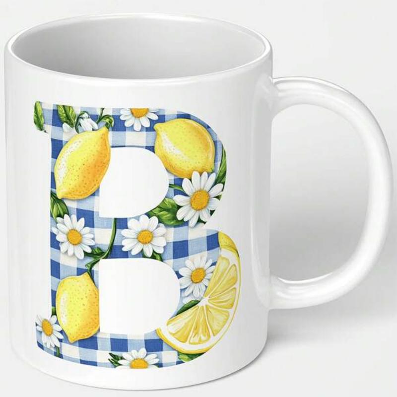 Tailorly White Ceramic 11 oz Mug - B Vibrant Yellow Lemons And White Daisies Over Blue Gingham Pattern Letter