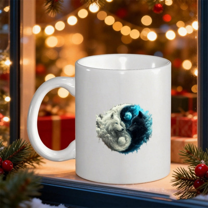 Tailorly White Ceramic 11 oz Mug - Majestic Celestial White And Black Wolves Forming A Circular Harmony Symbol Wolf