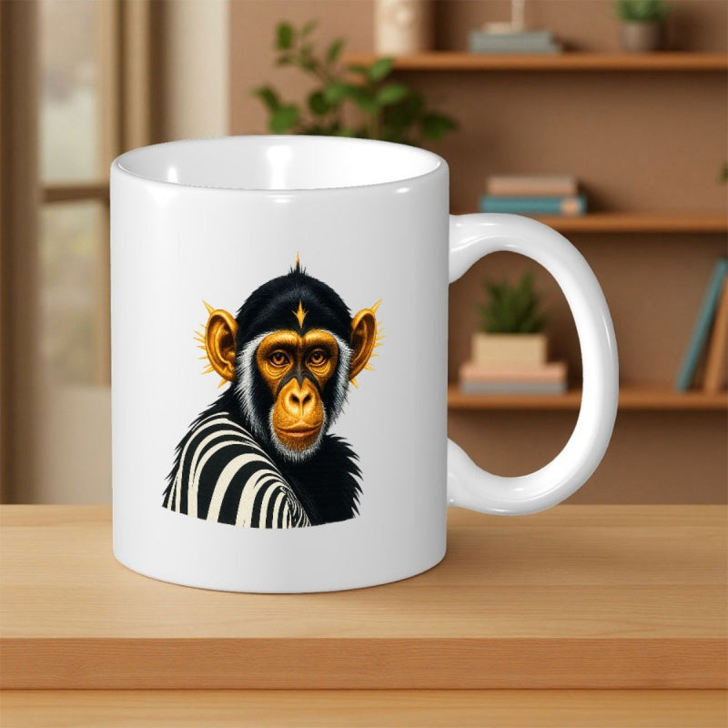 Tailorly White Ceramic 11 oz Mug - Artistic Stylized Portrait Of A Wise Primal Animal With Golden Accents Chimpanzee