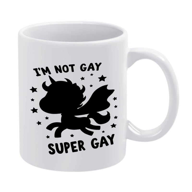 Tailorly White Ceramic 11 oz Mug - Im Not Gay Super Gay Black Silhouette Prancing Among Tiny Magical Twinkling Stars Unicorn