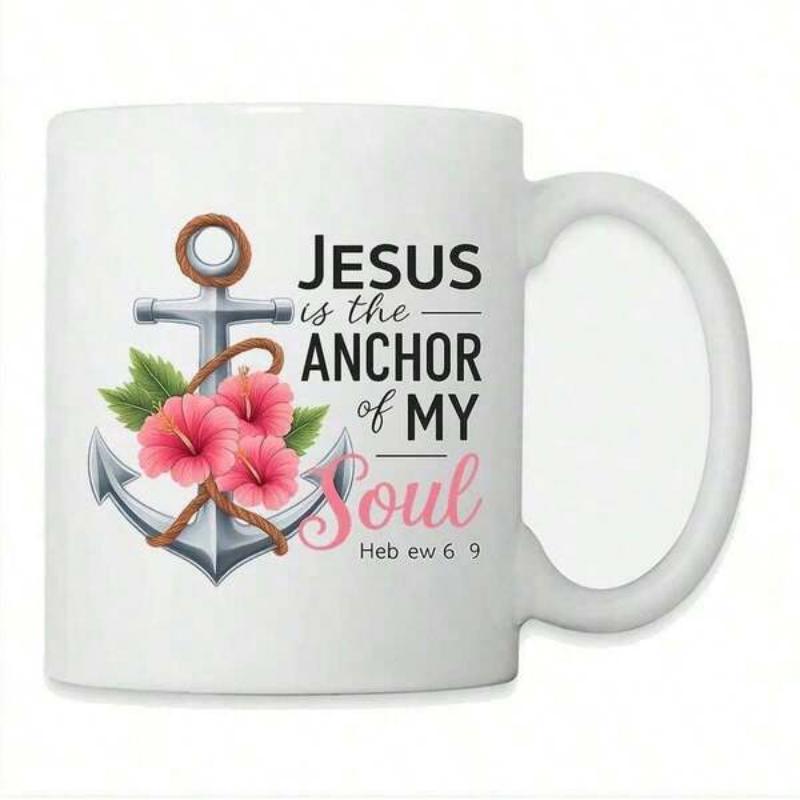 Tailorly White Ceramic 11 oz Mug - Jesus Is The Anchor Of My Soul Metallic Nautical Anchor Wrapped In Rope With Blooming Pink Hibiscus Flowers Anchor