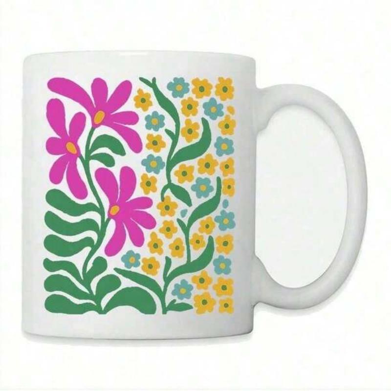 Tailorly White Ceramic 11 oz Mug - Vibrant Pink Blossoms With Small Yellow Wildflowers Among Green Twisting Leaves Flower