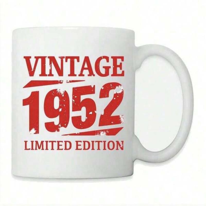 Tailorly White Ceramic 11 oz Mug - Vintage 1952 Limited Edition Weathered Red Distressed Stencil Style Birthday Commemorative Bold Lettering Design