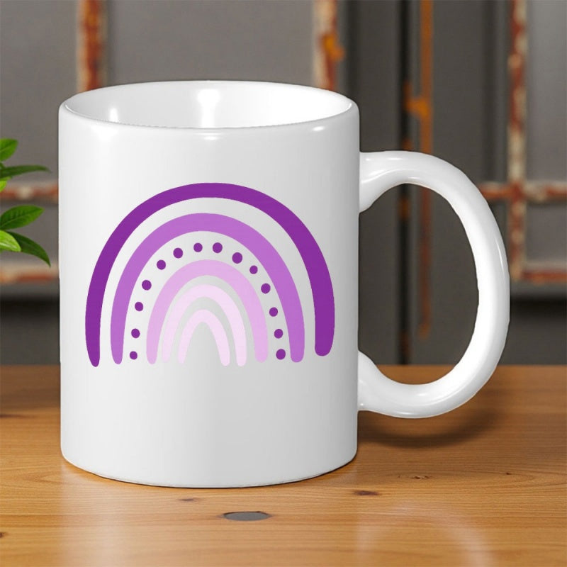 Tailorly White Ceramic 11 oz Mug - Shades Of Purple Bohemian Style Arched Stripes With Decorative Dotted Details Rainbow