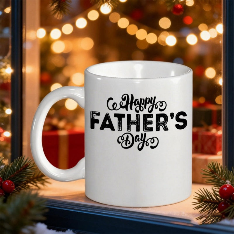 Tailorly White Ceramic 11 oz Mug - Happy Father Day Bold Distressed Typography Combined With Decorative Script Celebrating Dedicated Father