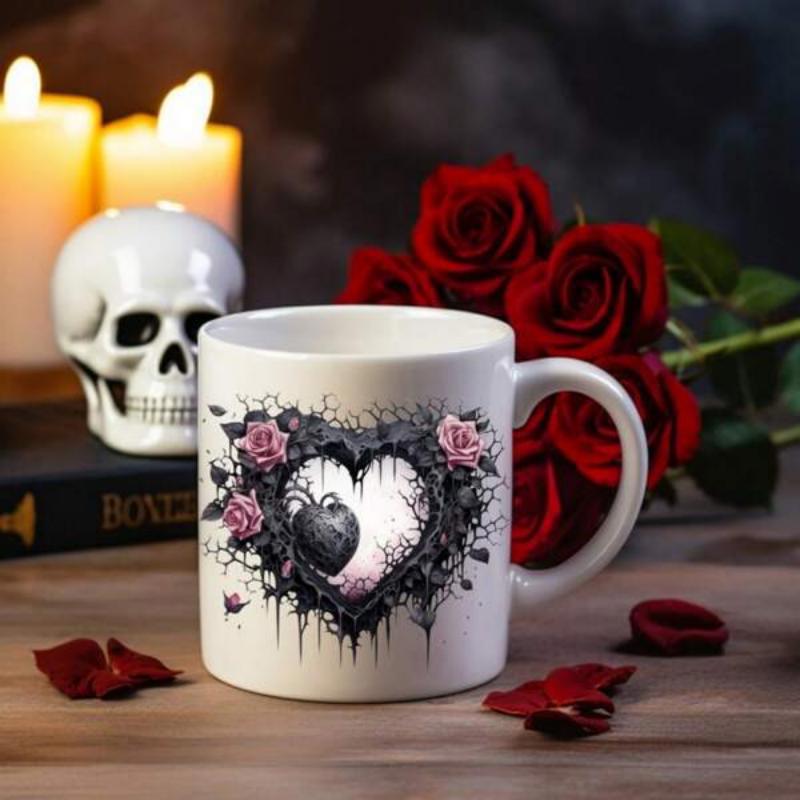 Tailorly White Ceramic 11 oz Mug - Gothic Thorns And Delicate Pink Roses Blooming Around A Dark Heart