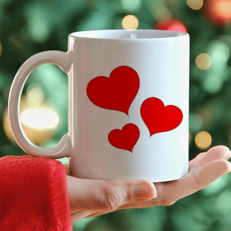 Tailorly White Ceramic 11 oz Mug - Three Vibrant Red Hearts Floating On A Glossy Heart