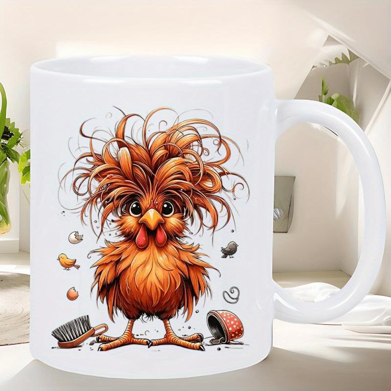 Tailorly White Ceramic 11 oz Mug - Whimsical Cartoon Bird With Messy Wild Hair Surrounded By Grooming Tools Chicken