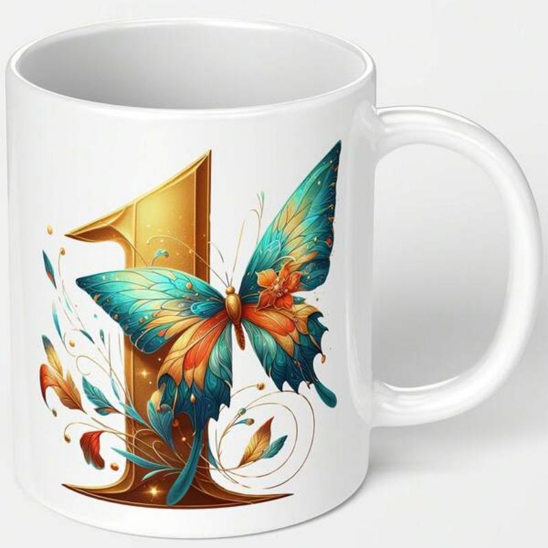 Tailorly White Ceramic 11 oz Mug - Golden Number One Decorated With Vibrant Teal Wings Resting Gracefully Butterfly
