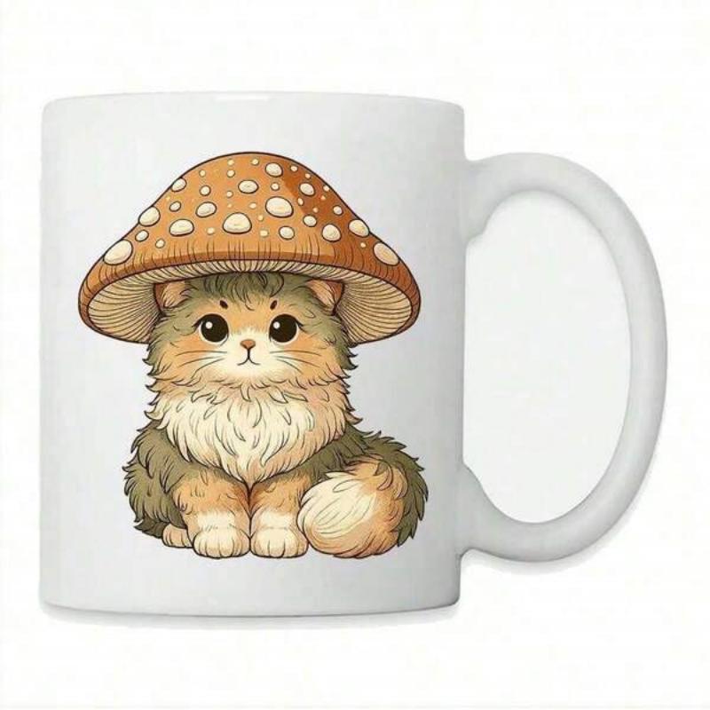 Tailorly White Ceramic 11 oz Mug - Cute Fluffy Kitten Wearing Large Brown Spotted Mushroom Cap Sitting Quietly Cat