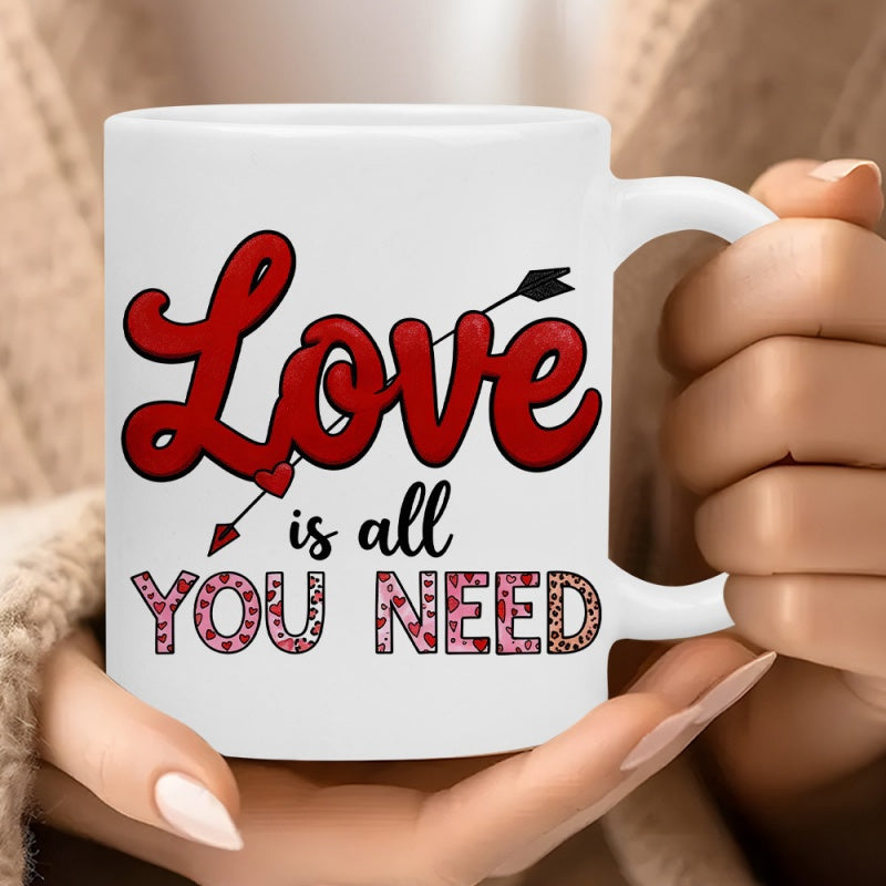 Tailorly White Ceramic 11 oz Mug - Love Is All You Need Romantic Cursive Script With Leopard Pattern Details And Heart Piercing Arrow Mug