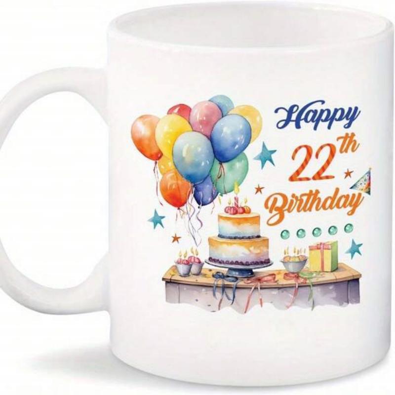 Tailorly White Ceramic 11 oz Mug - Happy 22nd Birthday Colorful Watercolor Balloons Floating Above A Two Tiered Festive Celebration Cake