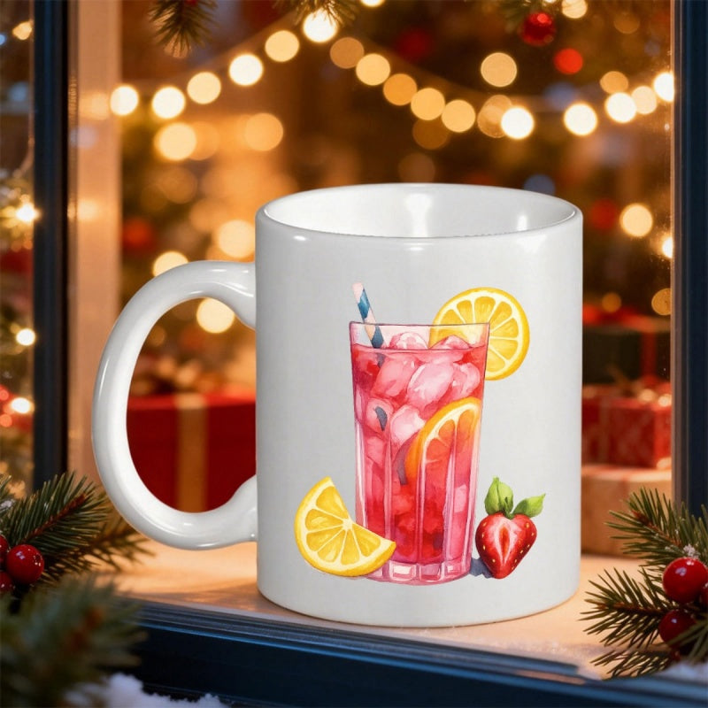 Tailorly White Ceramic 11 oz Mug - Refreshing Pink Iced Fruit Beverage With Lemon Slices And Strawberry Drink