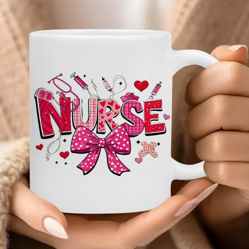 Tailorly White Ceramic 11 oz Mug - Nurse Pink Polka Dot Bow With Medical Stethoscope Syringe And Hearts Decoration Mug