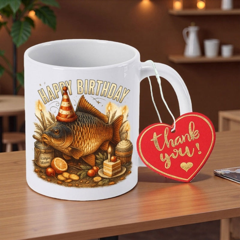 Tailorly White Ceramic 11 oz Mug - Happy Birthday Thank You Festive Golden Carp Wearing Striped Party Hat Beside Small Cake Fish