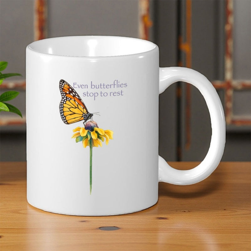 Tailorly White Ceramic 11 oz Mug - Even Butterflies Stop To Rest Elegant Monarch Resting On Yellow Daisy Among Green Leaves Butterfly