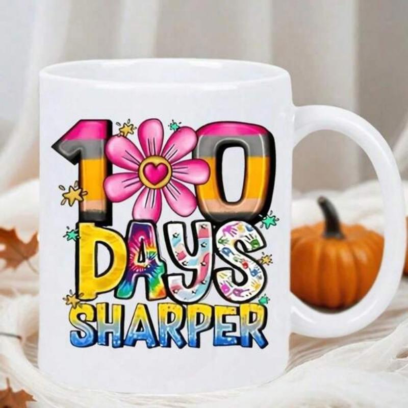 Tailorly White Ceramic 11 oz Mug - 100 Days Sharper Colorful Stylized Numbers With Vibrant Pink Flower And Playful Artistic Textures Mug