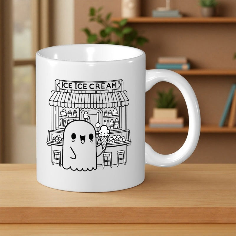 Tailorly White Ceramic 11 oz Mug - Ice Ice Cream Adorable Cartoon Character Holding Cone Before A Summer Shop Ghost