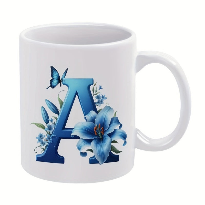 Tailorly White Ceramic 11 oz Mug - A Floral Blue Lily With Butterfly Resting Upon An Elegant Serene Letter