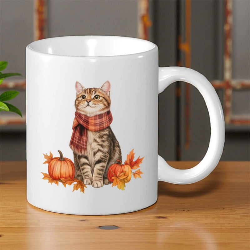 Tailorly White Ceramic 11 oz Mug - Charming Brown Tabby Wearing Red Plaid Scarf Sitting Beside Autumn Pumpkins Cat