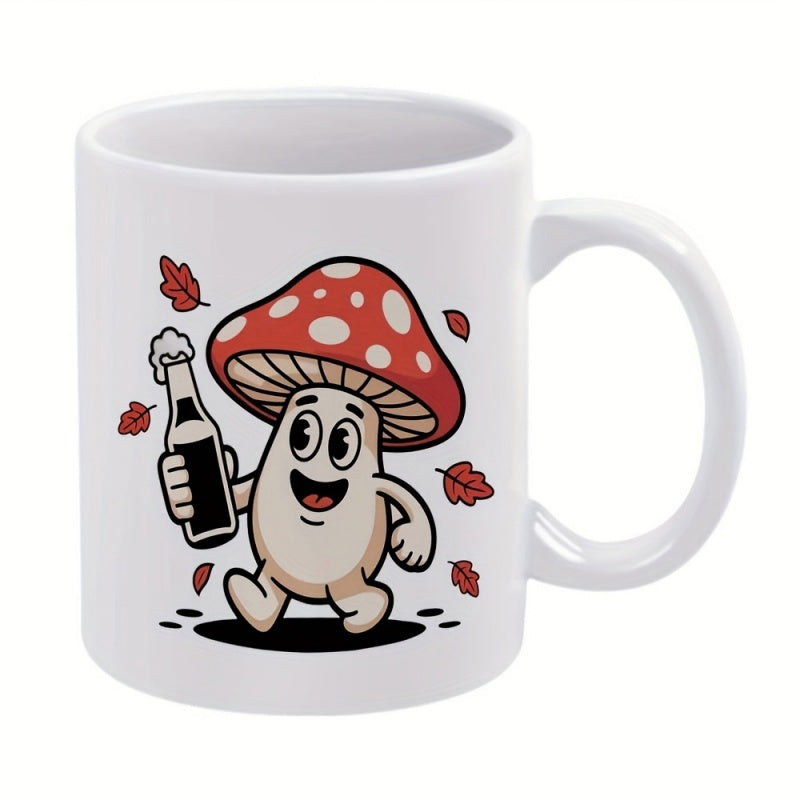 Tailorly White Ceramic 11 oz Mug - Vintage Cartoon Character Walking With A Drink Among Falling Leaves Mushroom