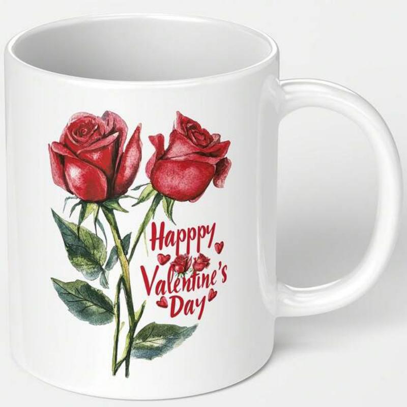 Tailorly White Ceramic 11 oz Mug - Happy Valentine's Day Two Realistic Red Watercolor Flowers With Green Stems And Hearts Rose