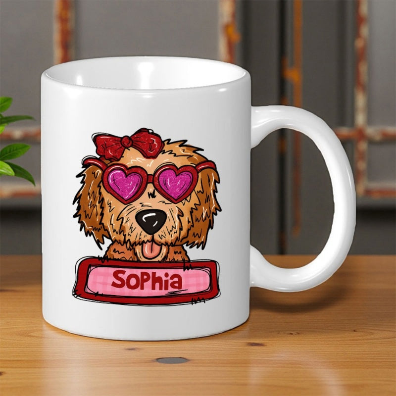 Tailorly White Ceramic 11 oz Mug - Sophia Adorable Fluffy Dog Wearing Red Bow And Pink Heart Sunglasses Dog